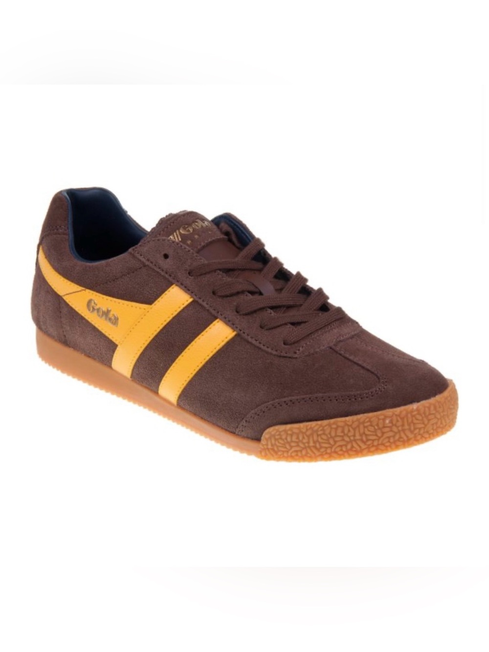 Gola Classics Men's Harrier Suede Sneakers US 10 brown and yellow stripes.